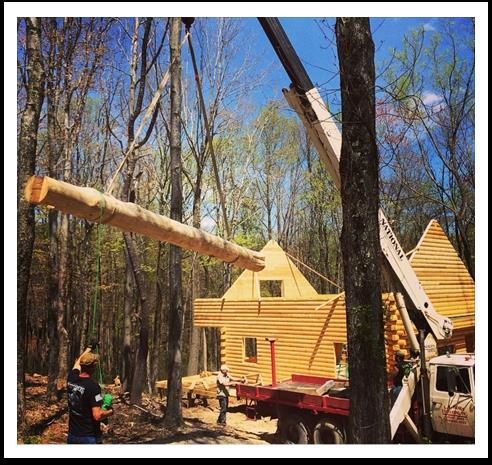 log home in woods, logs in air lifting to frame of new log home