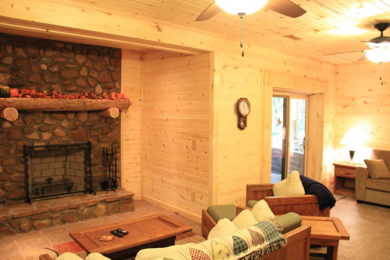 Cozy cabin living room with a fireplace