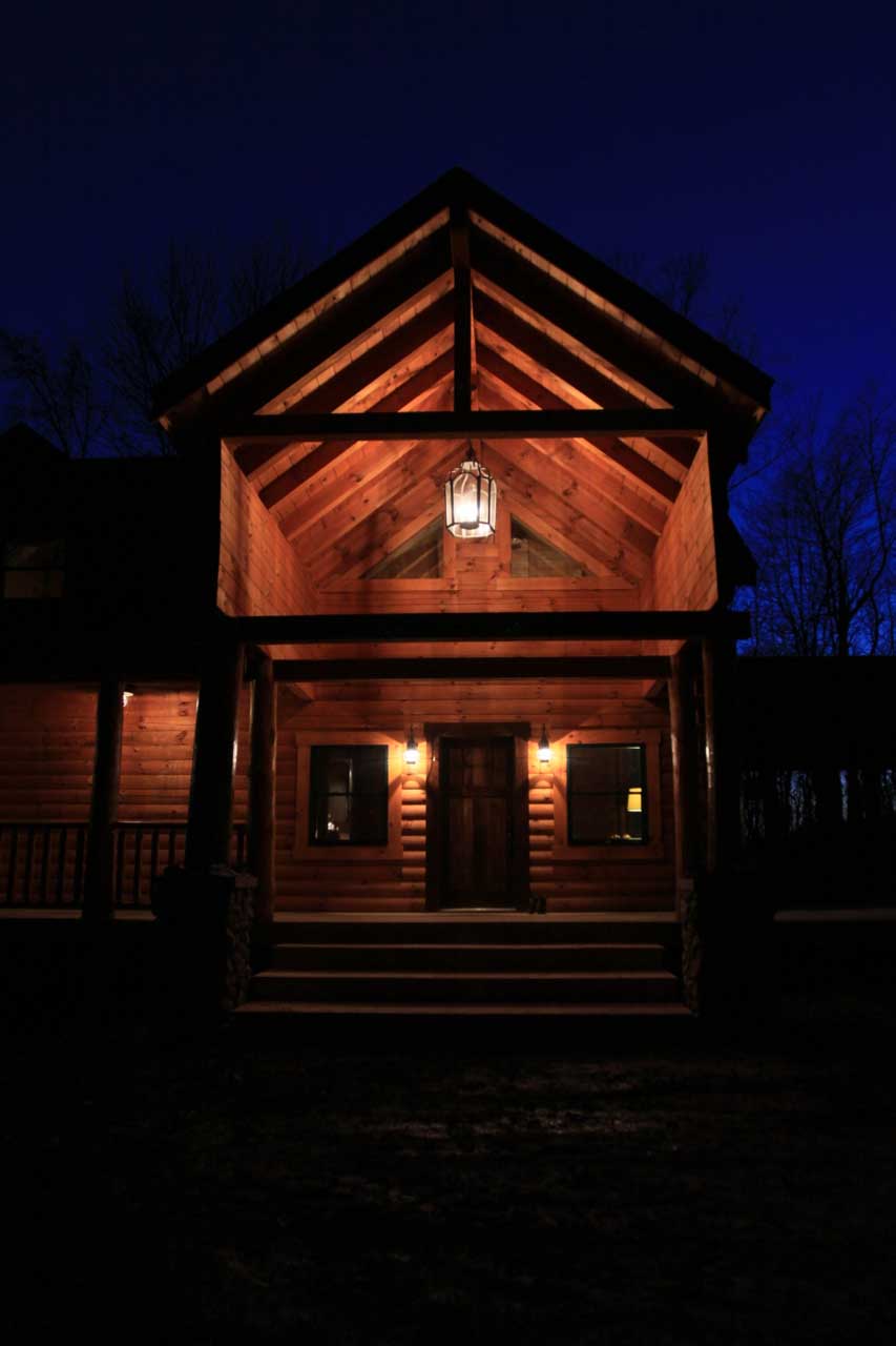 cabin porch nighttime view
